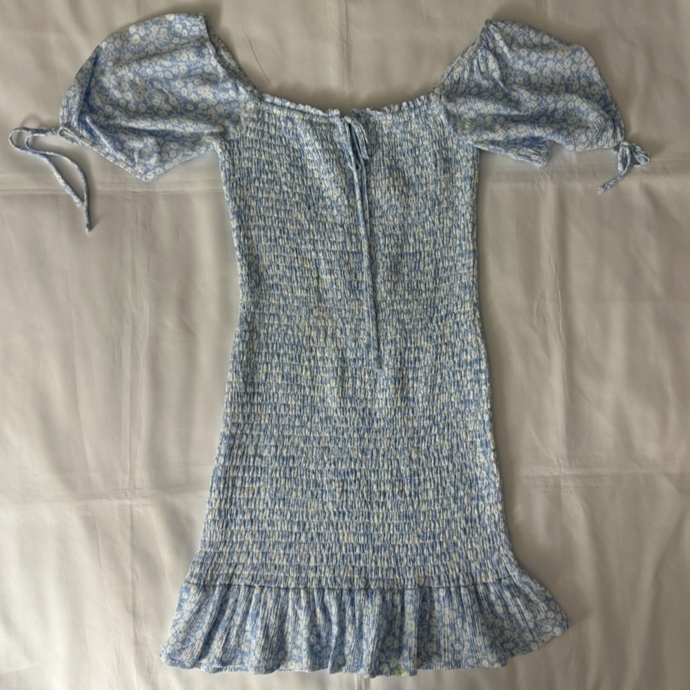 Lost + Wander Seaside Breeze Sky Blue & White Short Sleeve Smocked Mini Dress